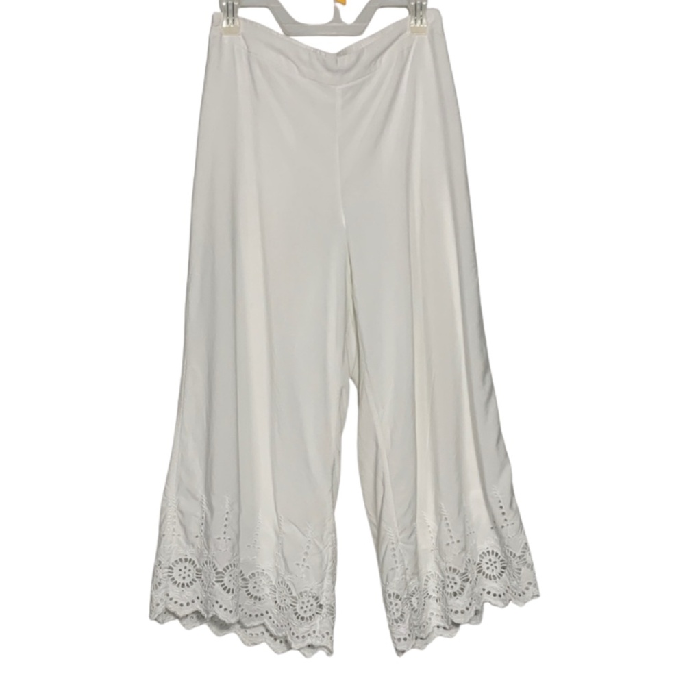 White Eyelet Embroidered Wide Leg Palazzo Pants Women’s L Vacation Minimalist